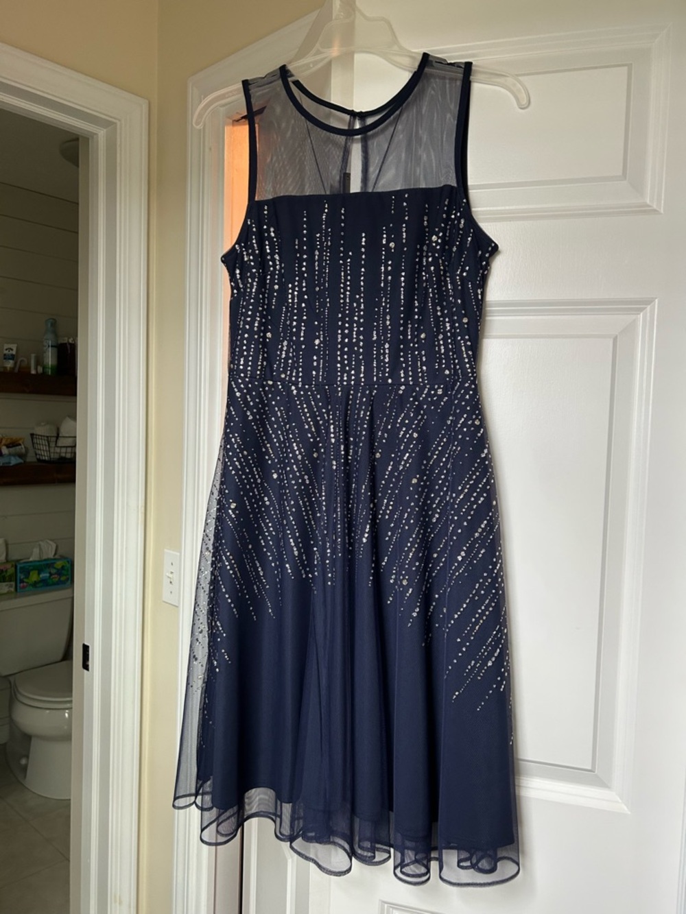J Taylor Sleeveless Navy Mesh A-Line Dress with Sparkle Accents